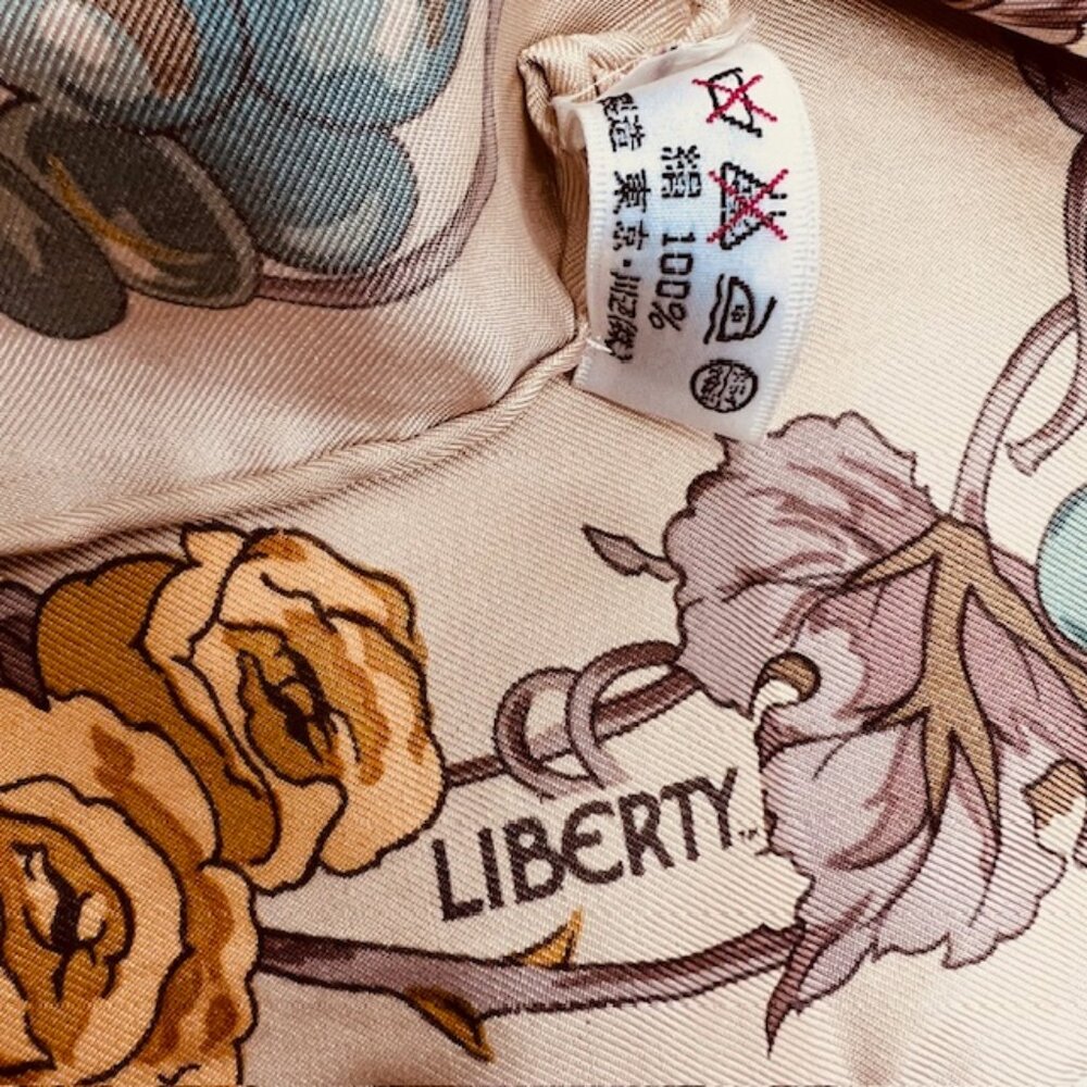 Vintage Unused Liberty  Silk Satin  Scarf 34"i light gold beige blue floral (99) - Picture 4 of 7